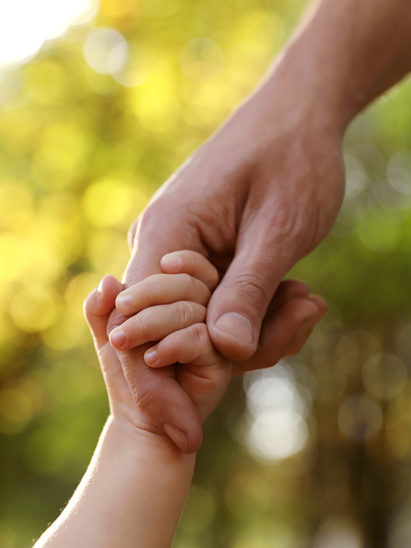 A close-up image of an adult hand holding the smaller hand of a child against a sunlit, natural green background, symbolizing family and support.